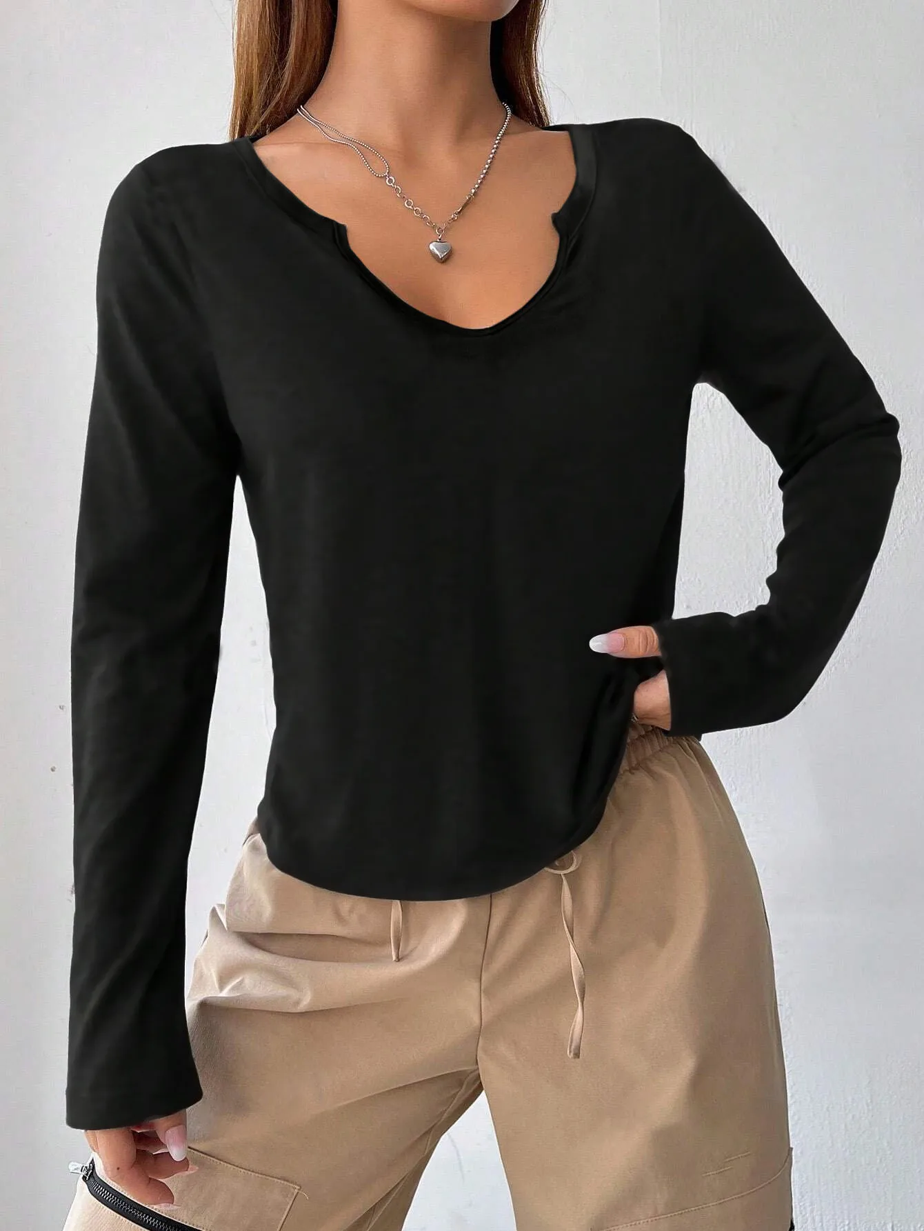 

Spring and autumn solid color large V-neck notch neck long sleeve slim fit T-shirt women's casual long sleeve