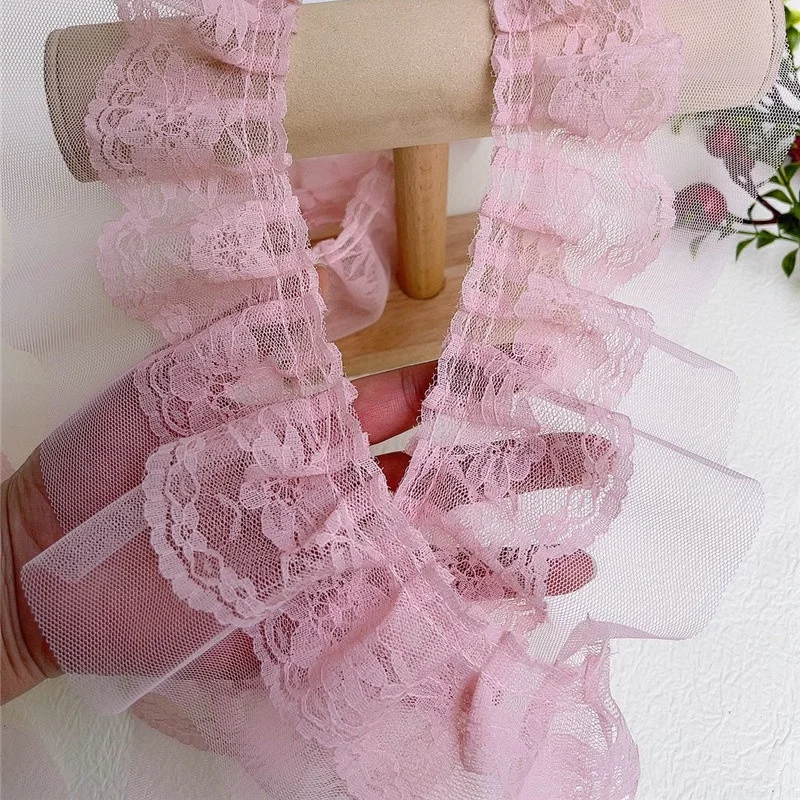 8cm Breite Doppel-schicht Plissee Bestickt Rosa Tüll Spitze Stoff DIY frauen Kleidung Und kinder Kleidung nähen Dekoration