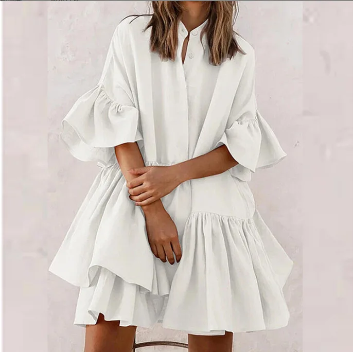 Vestido feminino casual mini vestidos em camadas sólido alargamento manga único breasted emenda uma linha elegante temperamento babados vestidos