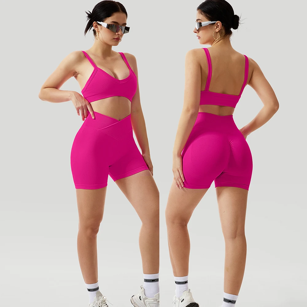 Conjunto de Yoga de 2 Piezas para Mujer, Ropa Deportiva sin Costuras para Gimnasio, Sujetador Deportivo Halter, Shorts de Yoga a Juego, Conjunto de Entrenamiento