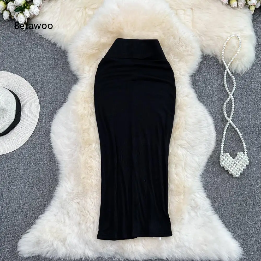 Plain Ribbed Knit High Waist Split Detail Midi Bodycon Skirt