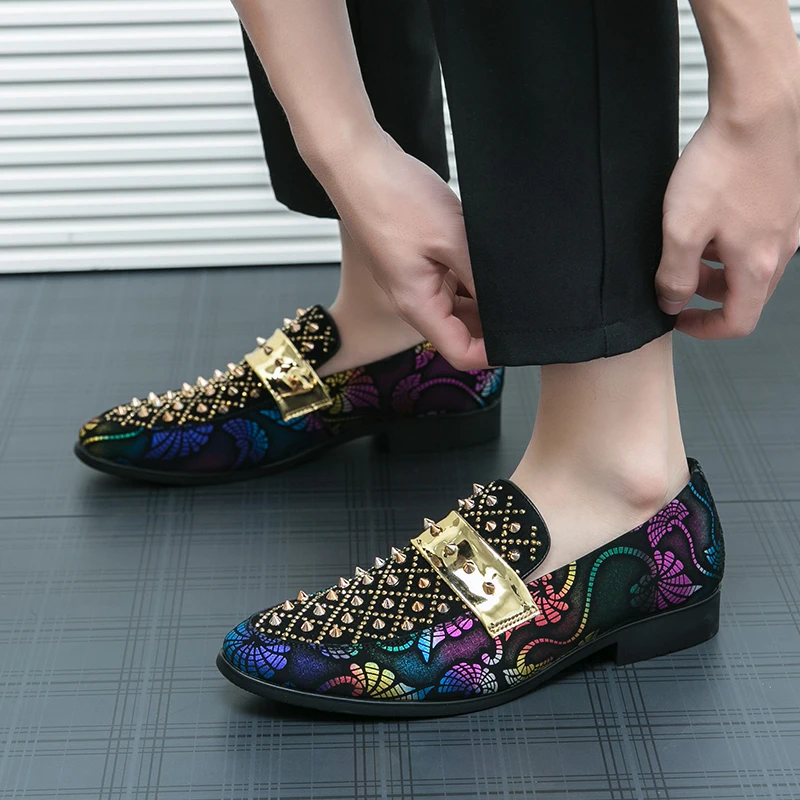 

Men's Shoes Golden Nightclub Casual Shoes slip on fashion Loafers Mens Comfort Shoe Bright Leather Low-heeled Shoes men