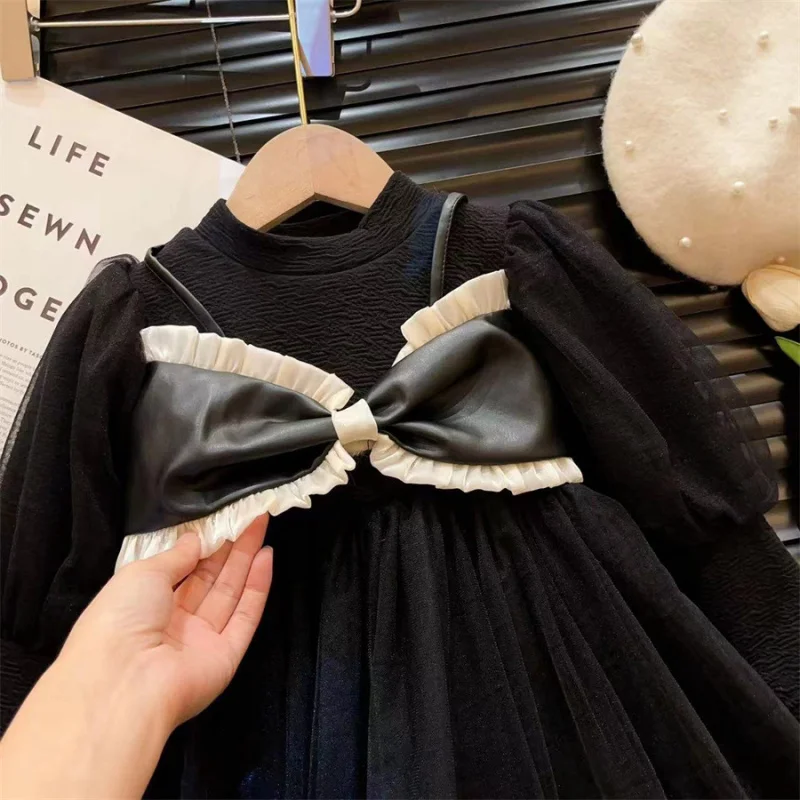 

New Girls' Dress for Autumn and Winter2025New Children's Fake Two-Piece Mesh Fleece-Lined Thickened Skirt