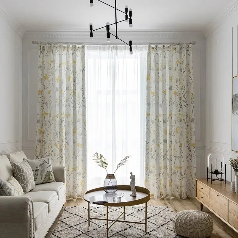 

New Fresh Pastoral Padded Cotton and Luxury Printing Curtains for Living Dining Room Bedroom Nature Vertically WhiteTulle Decor