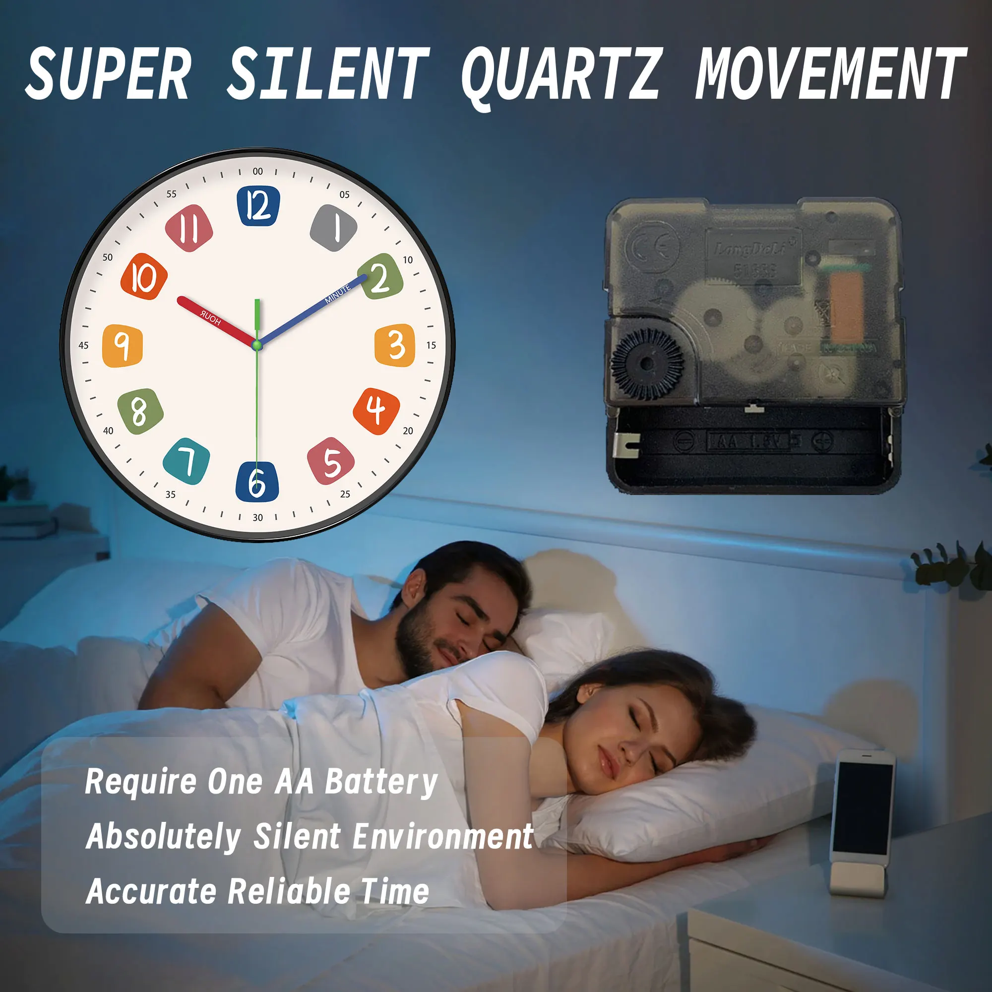 A modern simple wall clock, colorful digital and color hands designed instructional wall clock, silent clock, for living room be