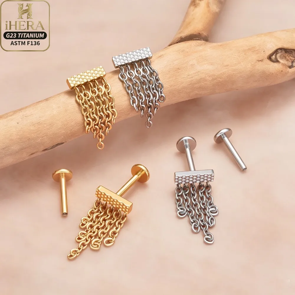 16G G23 Titanium Tassel Chain Dangle Labret Stud Lip Piercing Jewelry Internally Threaded Flat Back Medusa Monroe Wholesale