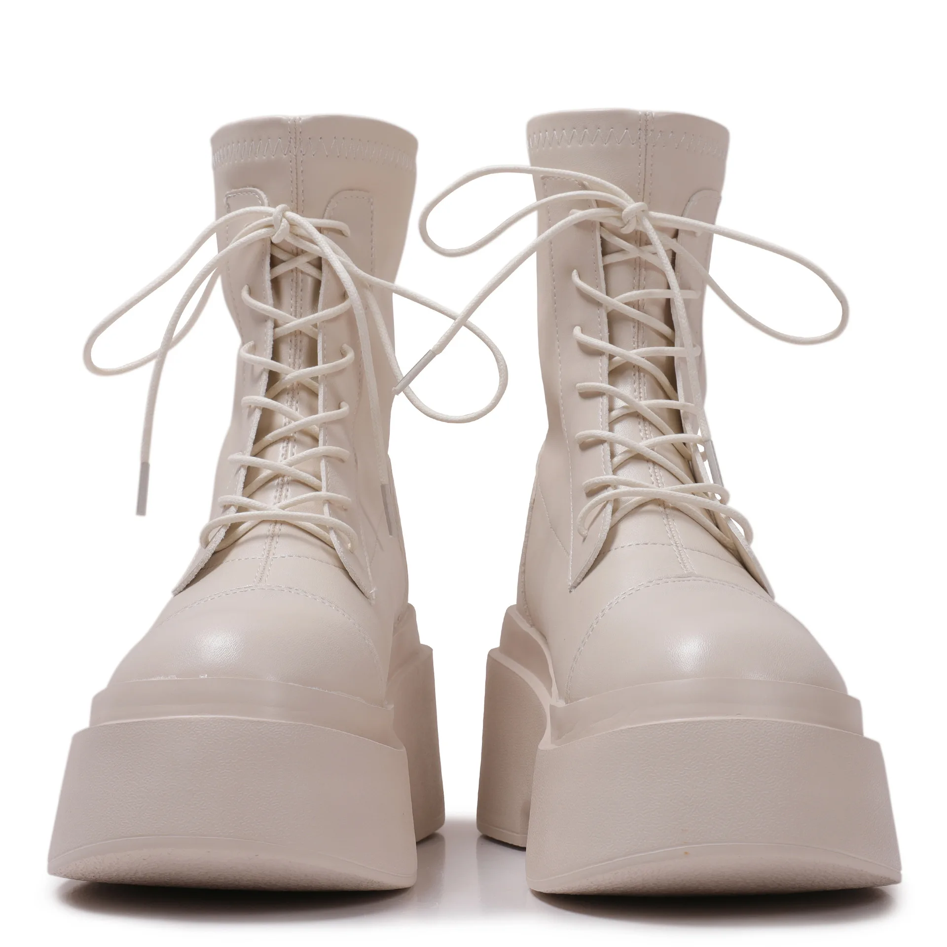 

Универсальные короткие ботинки, увеличивающие рост на толстой подошве, короткие тонкие ботинки из мягкой кожи на шнуровке с круглой головкой и молнией сзади