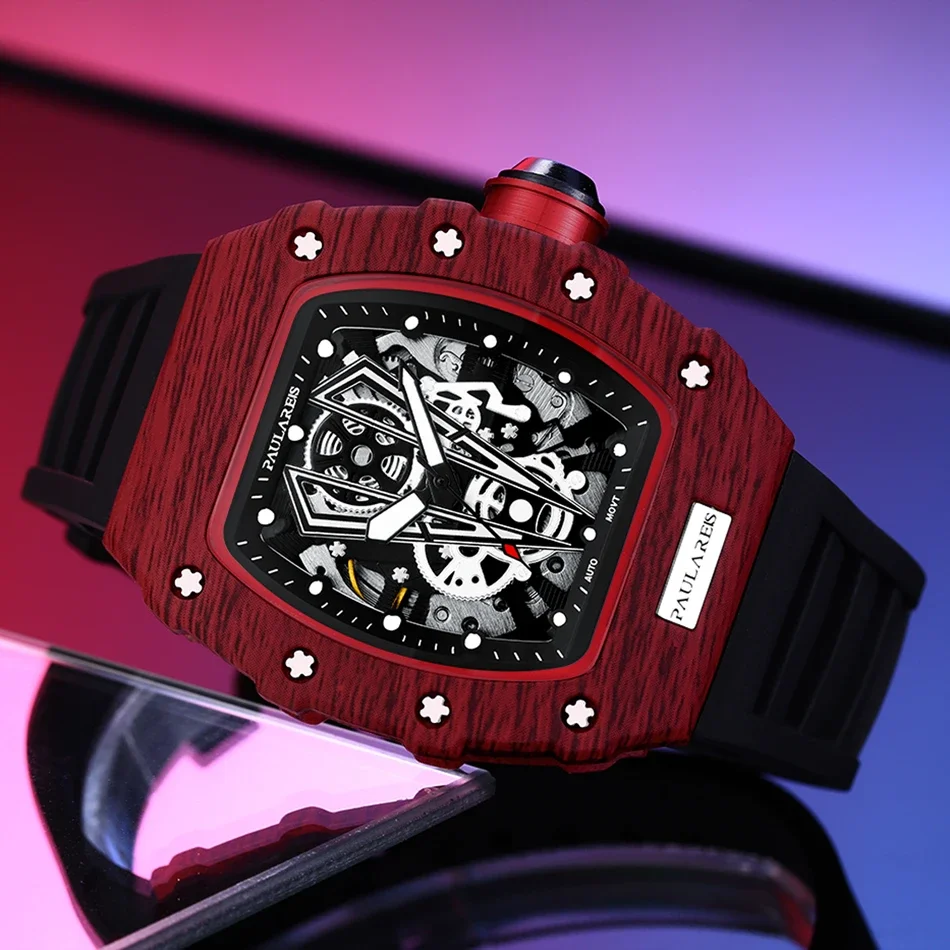 Automatic Watches for Men Self Wind Skeleton Mechanical Red Black Rubber Strap Fashion Tonneau Reloj Hombre