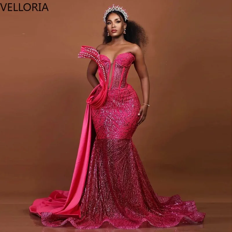 

Вечернее платье русалки цвета фуксии с блестками, роскошное вечернее платье без бретелек с бисером, вечернее платье больших размеров, свадебное платье для выпускного вечера по индивидуальному заказу