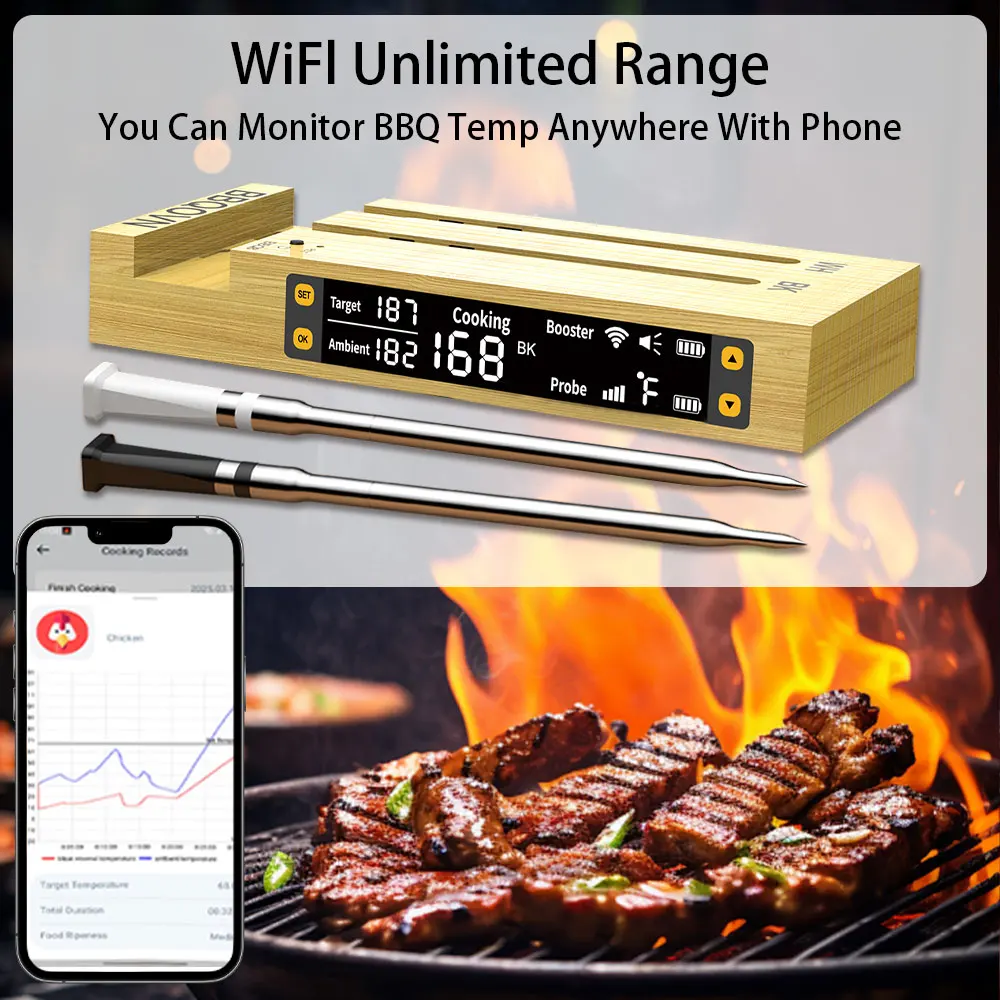 WiFi Sub-1G Wireless Meat Thermometer 2 Temp Monitoring Ways Digital Smart Base and App for BBQ, Smoker, Grill, Oven
