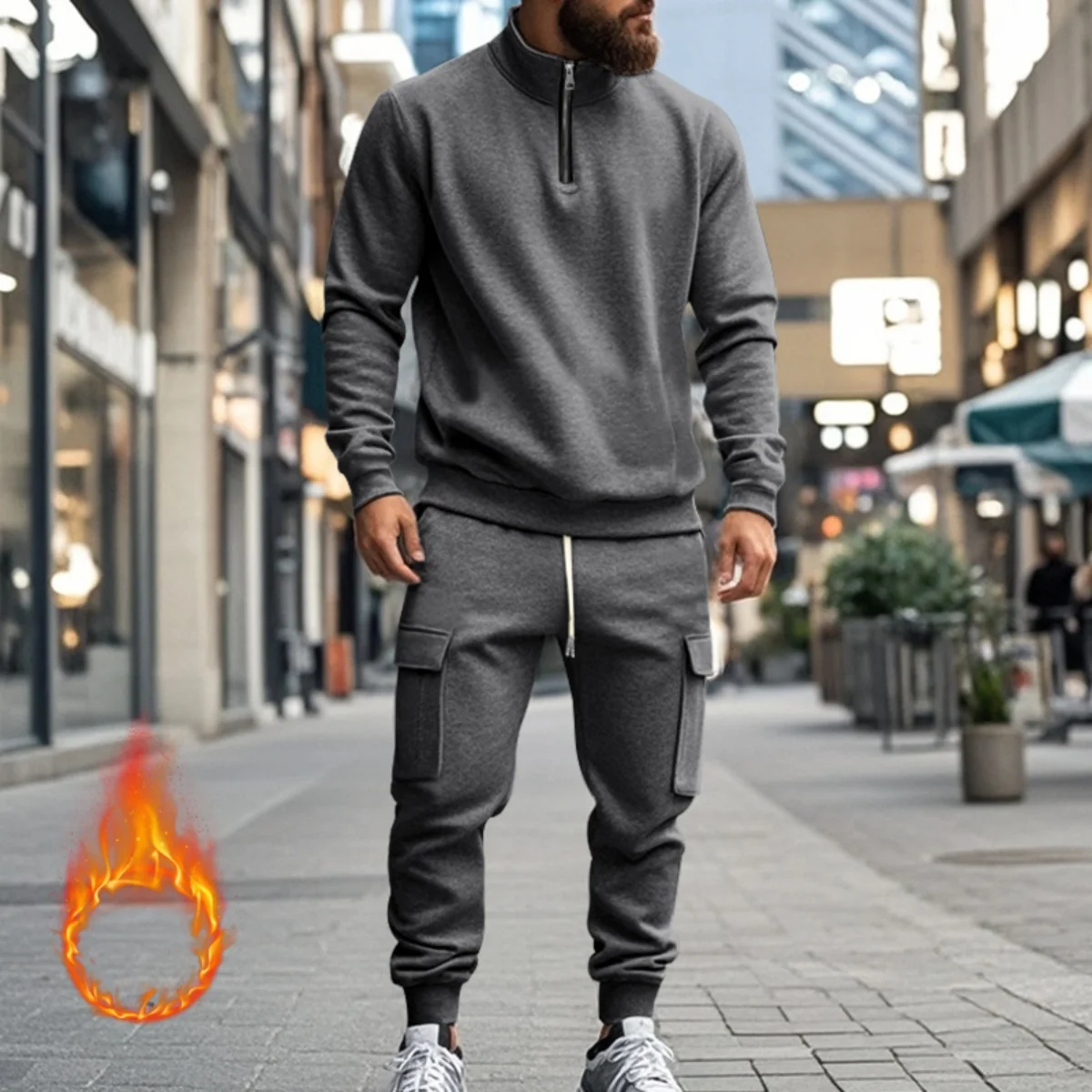 Men's 2025 Autumn/Winter Casual Fleece Half-Zip Standing Collar Sweatshirt And Fashion Street Style Sweatpants Work Pants Set