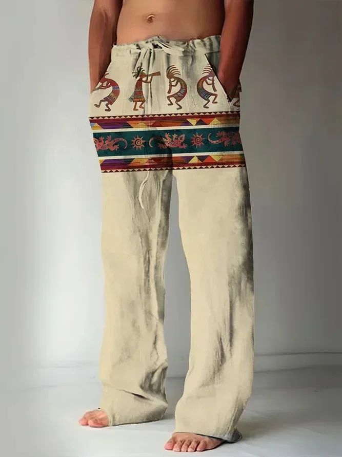 Pantalones casuales con estampado de tótem retro étnico para hombre, pantalones de cáñamo de bambú, transpirables, con cordón, sueltos, guapos,