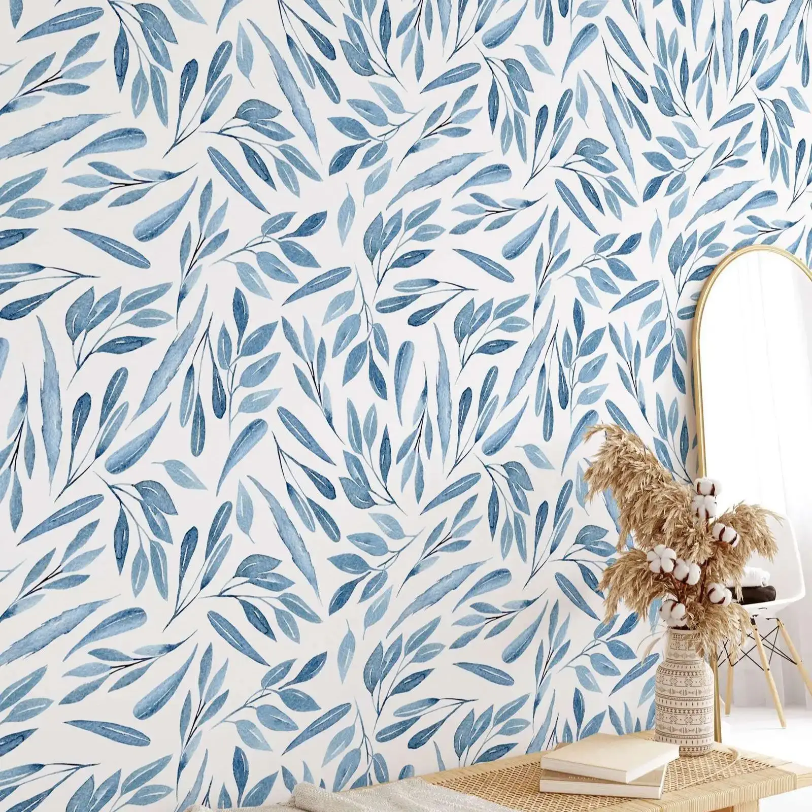 Peel and Stick Removable Wallpaper Blue Watercolor Leaves Wallpaper For Living Room,Navy Blue Wallpaper Self-Adhesive Wall Mural