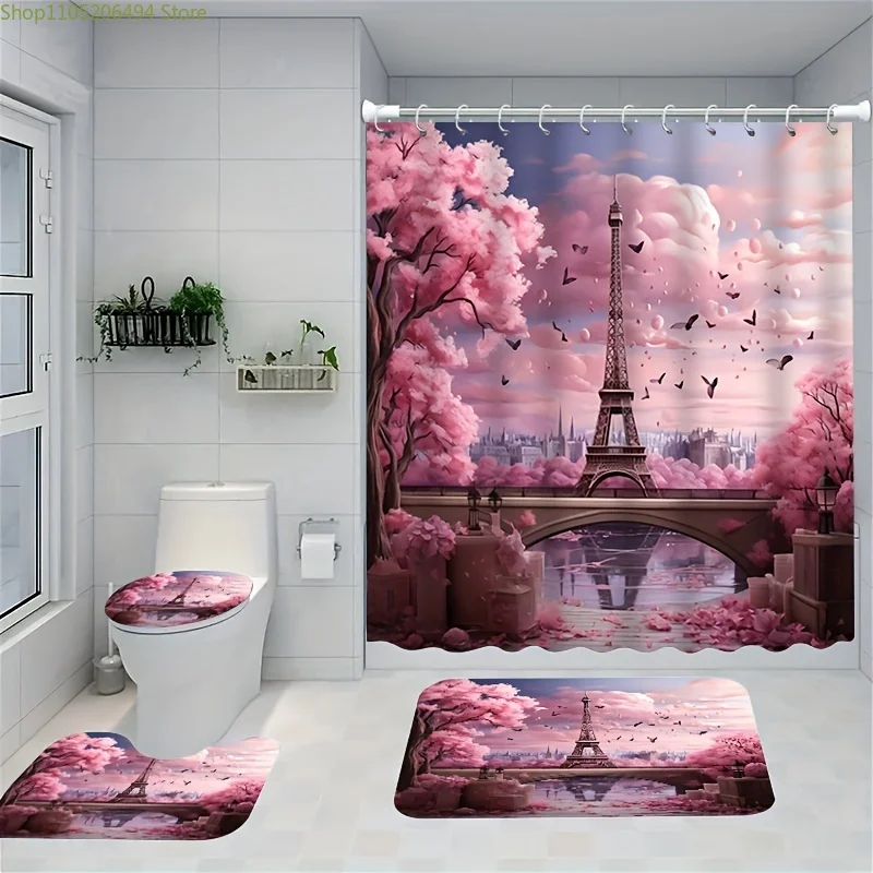 

1pc/3pcs/4pcs Romantic Paris Print Creative Shower Curtain Set, Bathroom Decor Set Includes 2D Flat Print Shower Curtain, Non-