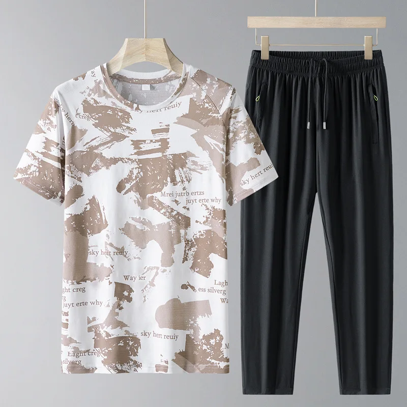 Mens Summer Camo 2 Piece Set Cool  Breathable Short Sleeve  Long Pants  Sports Casual Versatile Style