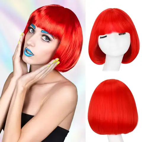 Red Bob Wigs with Bangs Straight Short Wigs for Women Synthetic Red Wig for Cosplay Women Funny Wig for Party Halloween Daily