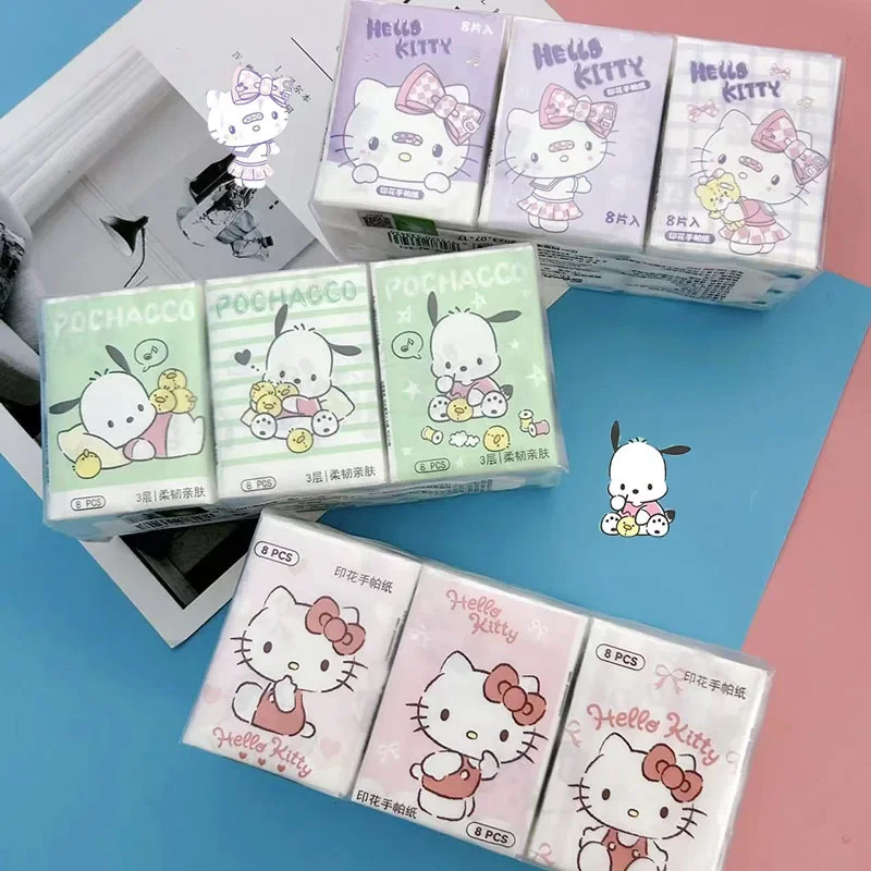 9pcs Sanrio Tissue Kawaii Hello Kitty Pochacco Cartoon Printed Handkerchief Cute Girl Portable Toilet Paper Girly Birthday Gift