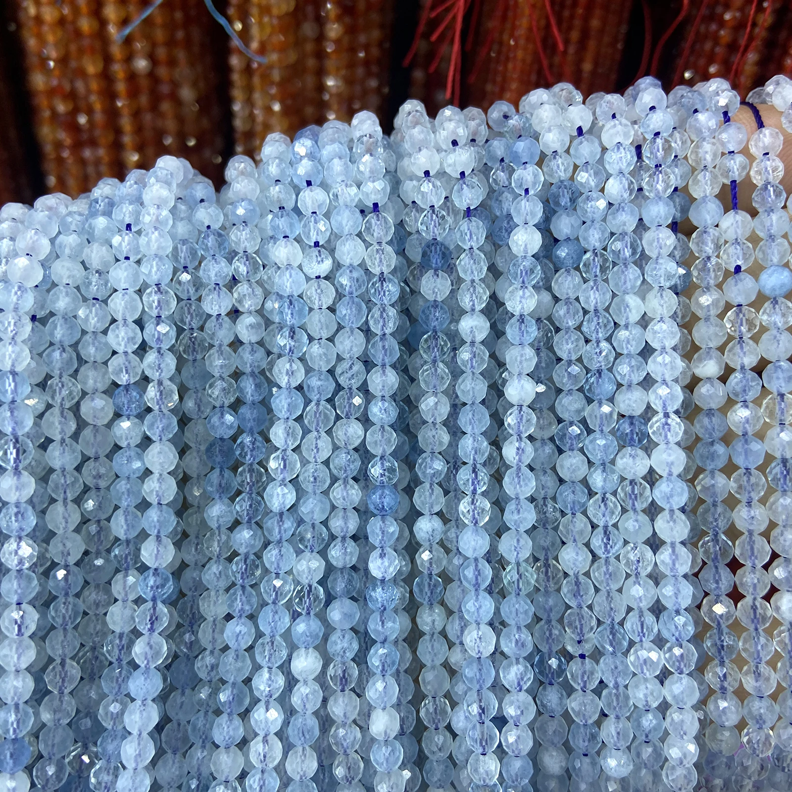 Natural Aquamarine Faceted Gemstone Round Stone Loose Beads With Cut Surfaces for Jewelry Making DIY Bracelets Necklace Strand
