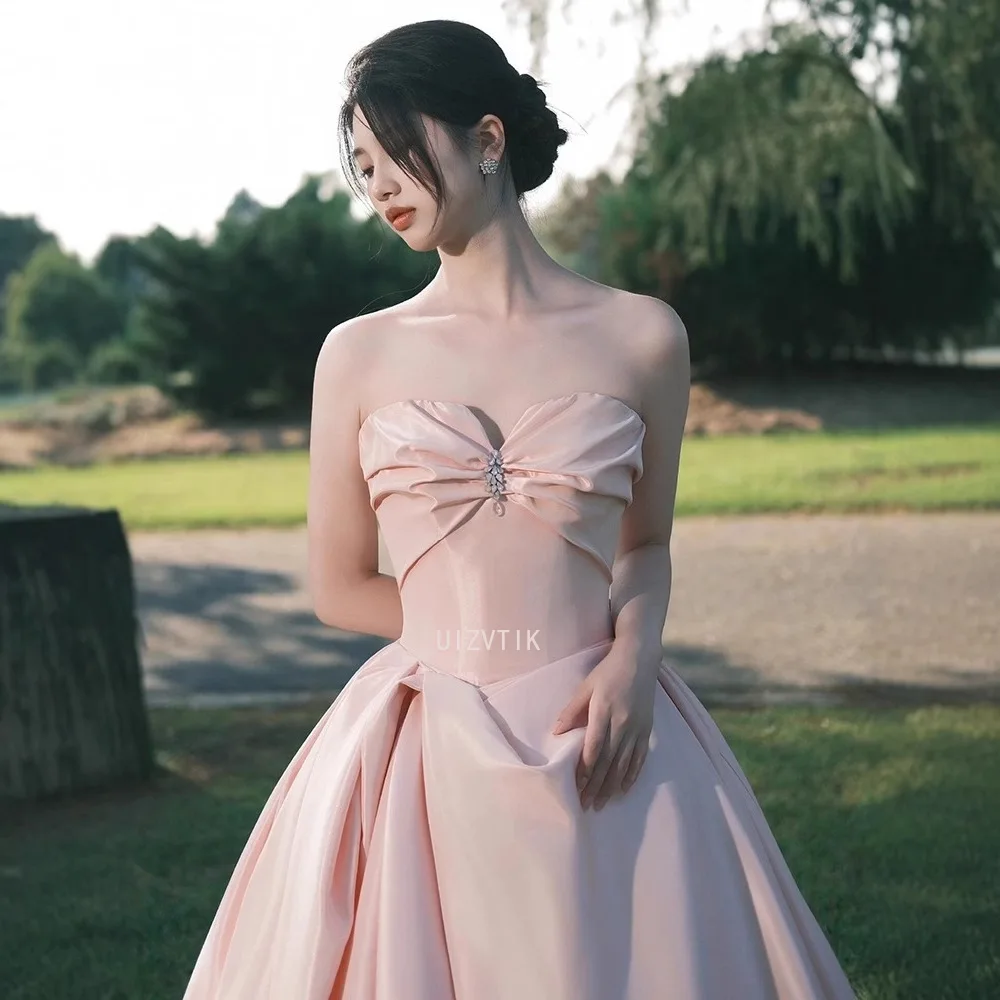 Элегантное розовое длинное вечернее платье трапециевидной формы без бретелек, атласные платья для выпускного вечера для девочек, платье принцессы Quinceanera, Vestidos De Gala Custom