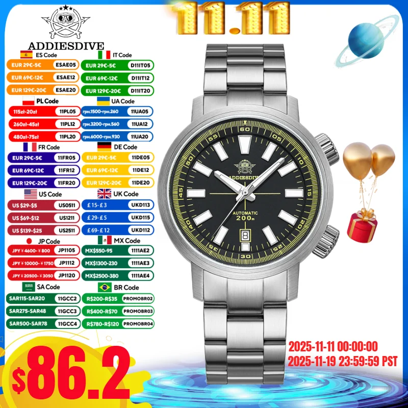 นาฬิกาดำน้ำผู้ชาย ADDIESDIVE กระจกแซฟไฟร์ Reloj Hombre กันน้ำ 200 เมตร BGW9 เรืองแสงสูงพิเศษ 8215 นาฬิกากลไกอัตโนมัติ