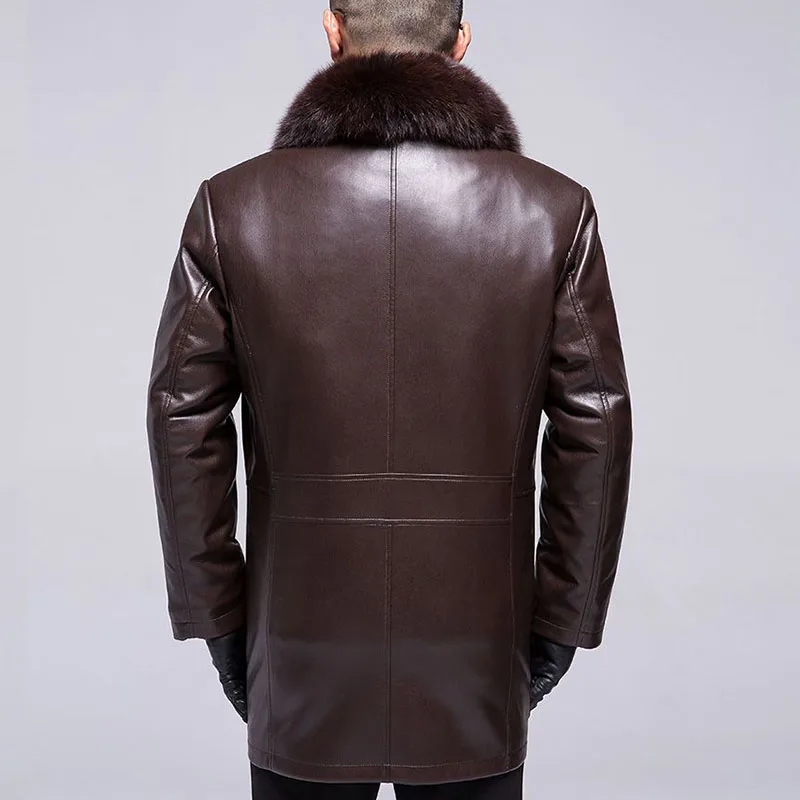 Fox Fur Collar Turn-Down Collar Men Genuine Leather Jacket Long Casual Single Breasted Coats Winter Solid Loose Male Overcoat