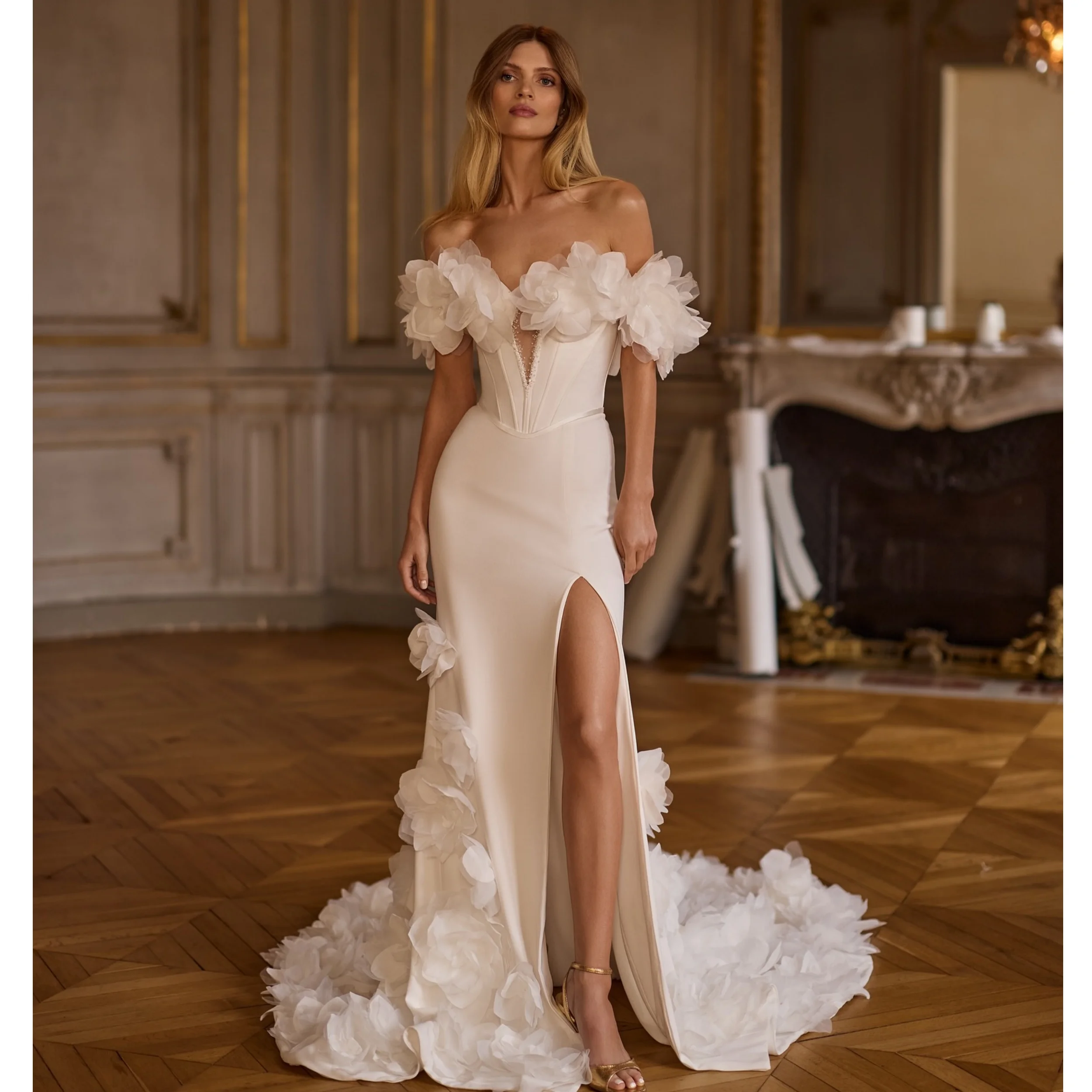 

Elegant Mermaid Wedding Dresses for Women Stain Flowers Applique Sleeveless Bridal Gowns Slit Robes de Soriee Customized