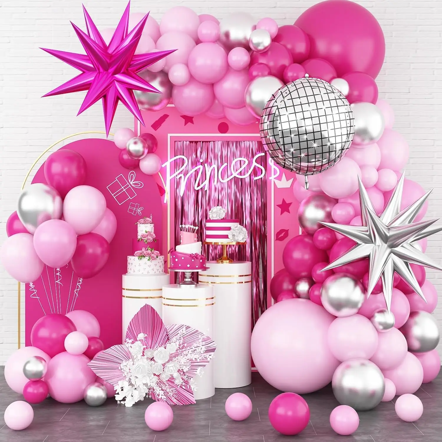 Rosa-Silberner Ballonbogen-Girlande mit Rosa-Silbernen Stern-Folienballons für Mädchen Babyparty Geburtstag Hochzeit Prinzessinnen-Party Dekoration