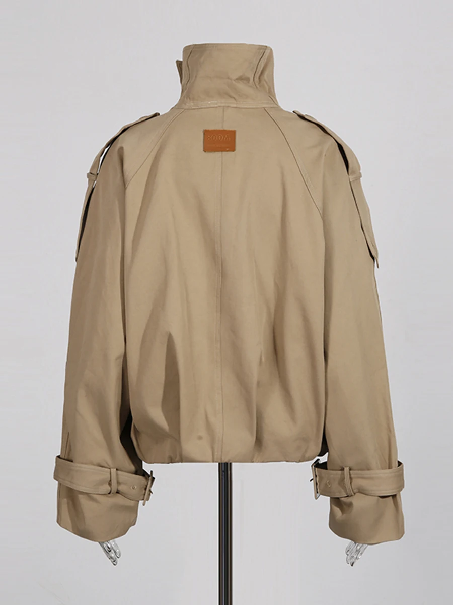 CHICEVER 카키색 스플라이스드 새시 스트리트웨어 재킷 여성용 라펠 긴 소매 루즈핏 한국 스타일 여성 재킷 가을 패션 신상