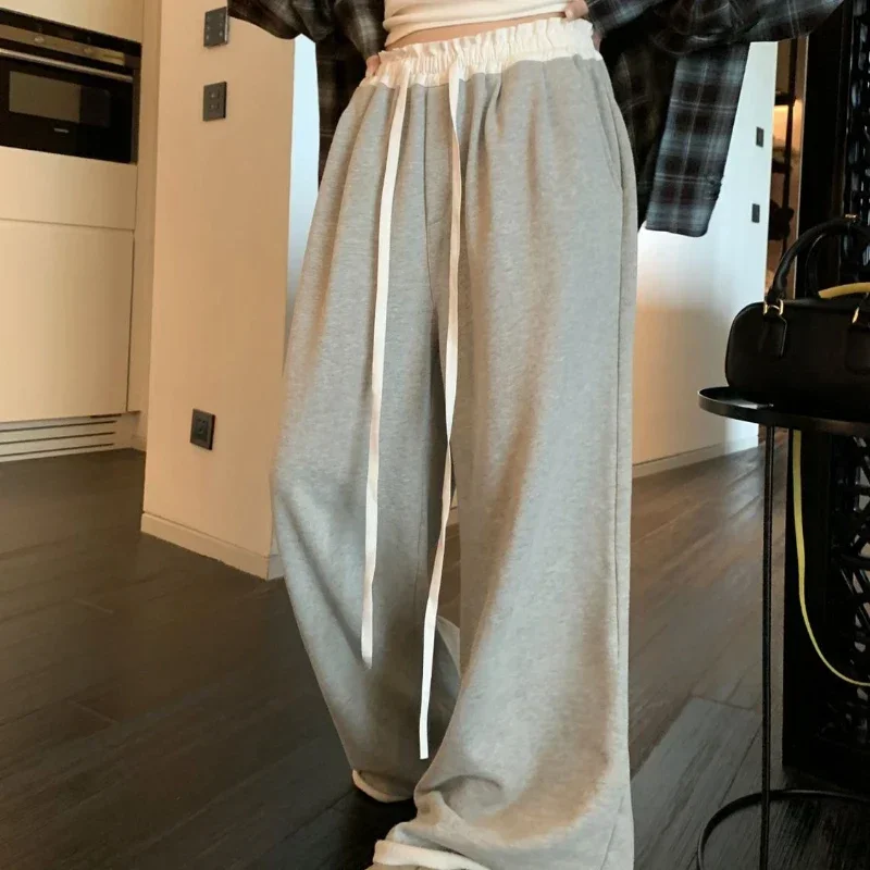 QWEEK Woman Baggy Grey Sweatpants Casual Sports Korean Fashion Wide Leg Pants Autumn Patchwork Waist Joggers New Trousers 2024