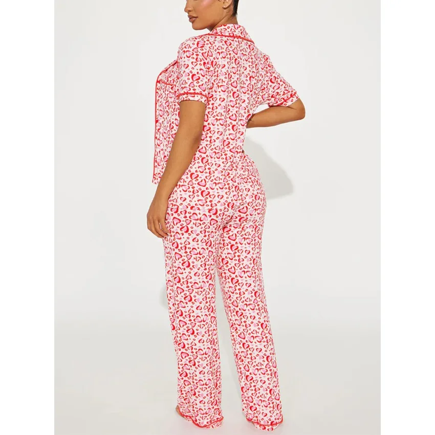 2025 Summer New Pajamas for Women's Fashion Love Printing Short-sleeved Trousers 2PCS Set Loungewear Homewear