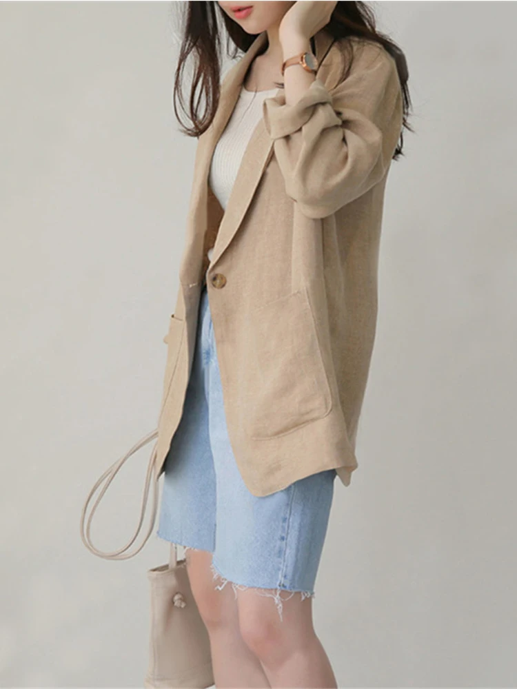 Cotton Linen Blazer Jacket Suit Women 2023 Spring Summer New British Style Casual Blazer Long Sleeve Solid Color Fashion Coat