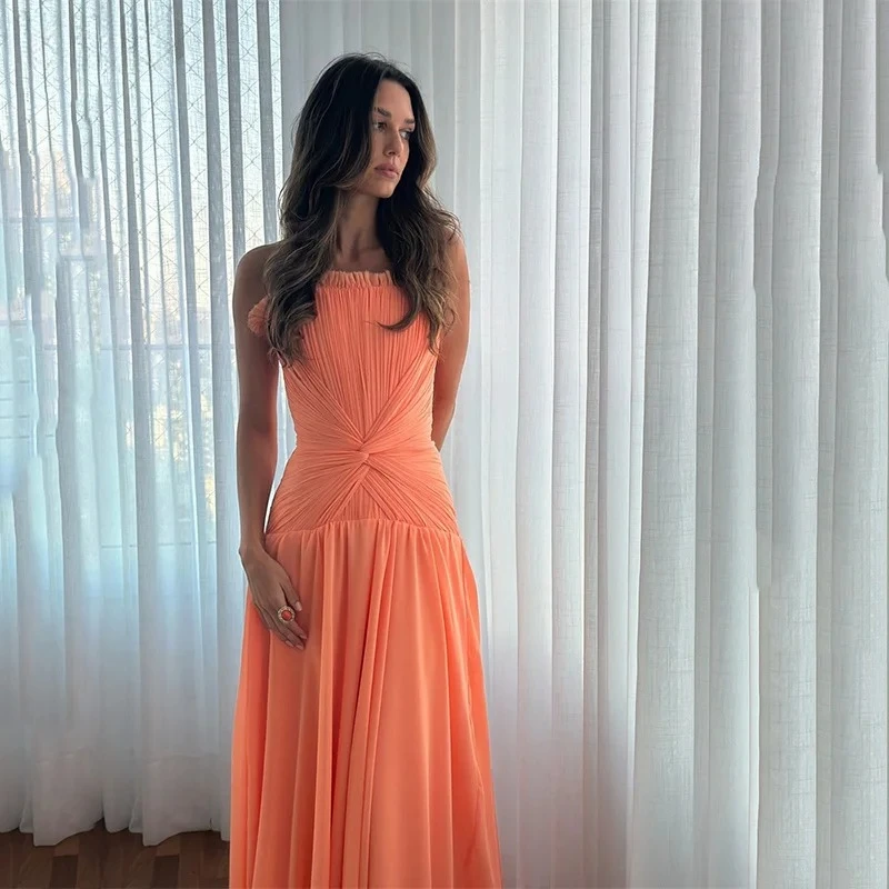 

Customized Orange A-line Evening Dresses Long Sense of Design Pleat Strapless Party Dress Elegant Floor-Length Prom Party Gowns