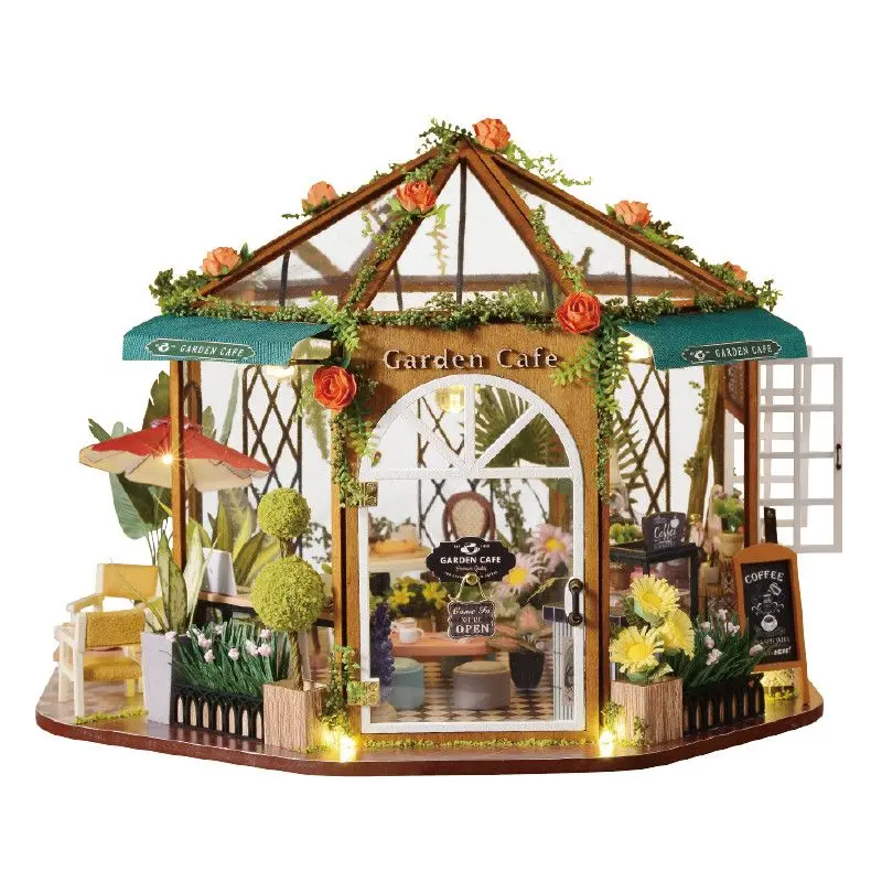 Coffee Flower House DIY Wooden Model Kits Custom Diorama Miniature House Model Making for Boys Girls Gift