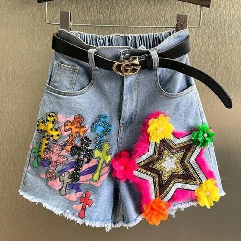 2022 New Summer Heavy Work Sequins Embroidery Rhinestones Denim Shorts Female Fashion Temperament Tide Shorts s275