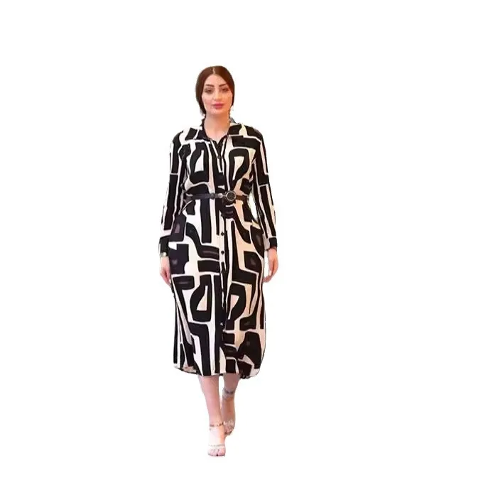 Large Size Muslim Dress Women Printed Shirt-collar Dress for Women Long Sleeve Morocco Party Dresses Evening Islam Dubai Abaya