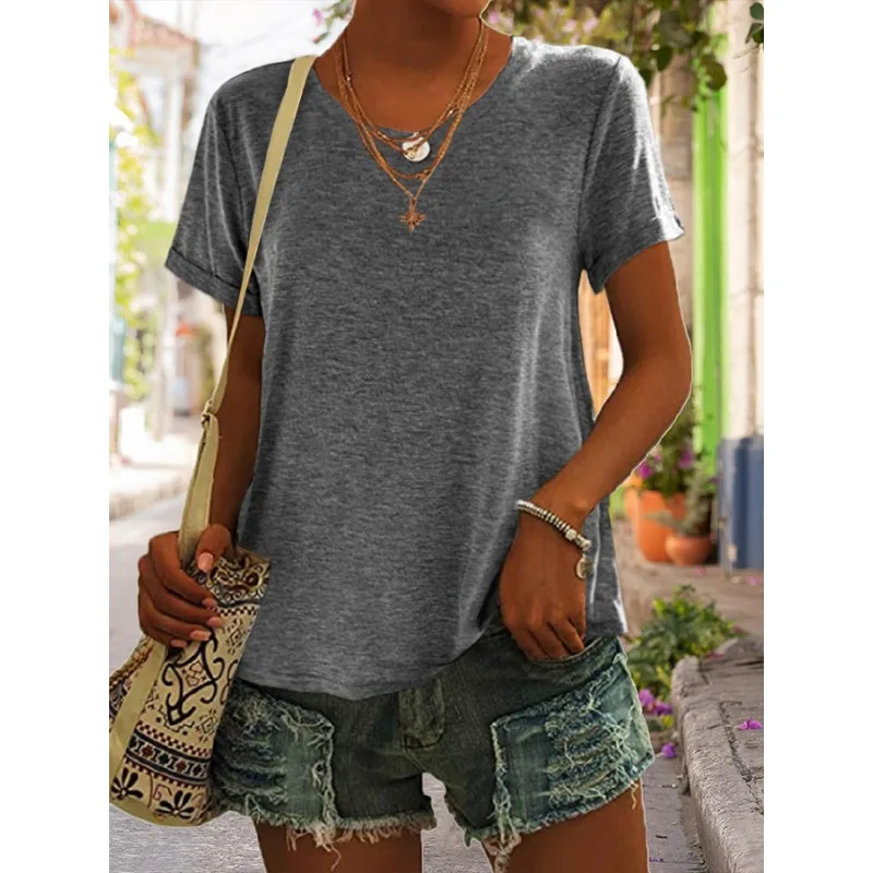 ilstile Women's Summer Short Sleeve Solid T-Shirts Holiday Casual Loose Round Neck Tops Tees Green Grey New Arrival