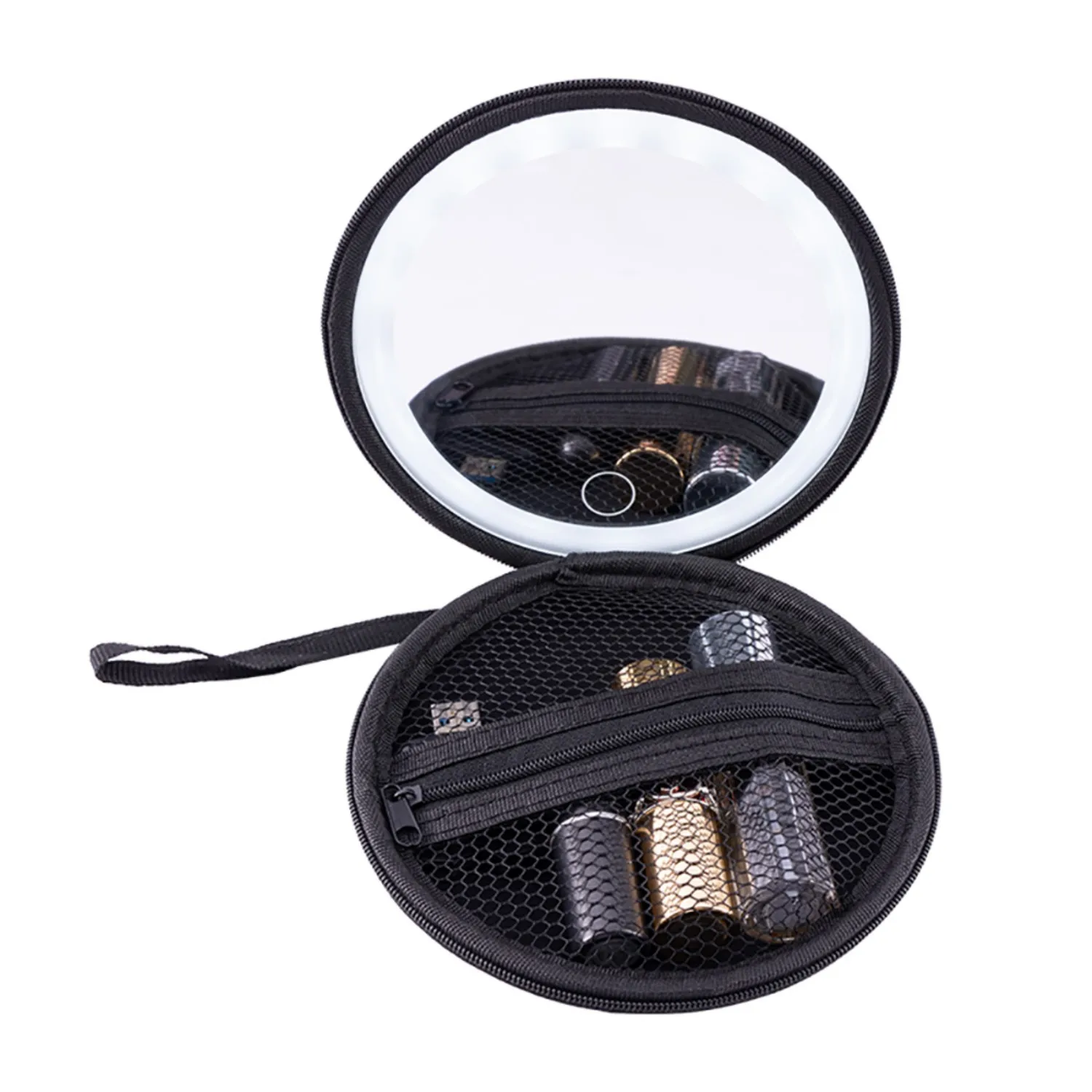 

Эстетическое круглое светодиодное зеркало с местом для хранения, двуцветная подсветка сенсорного управления, перезаряжаемое Type-C, портативное подвесное зеркало для макияжа с