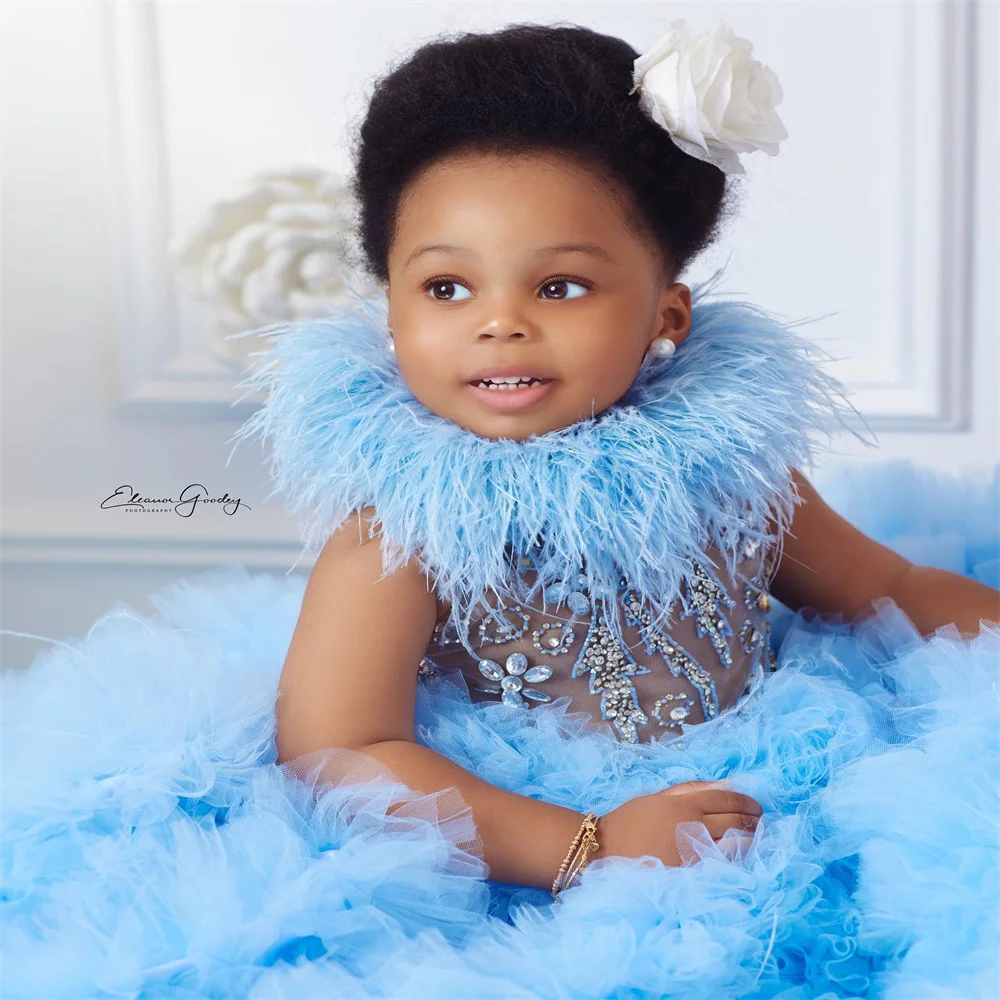 Light Sky Blue Kids Ruffles Flower Girls  Dresses Feather Pageant luxury Dress for WeddingParty Birthday Gowns for Photoshoot