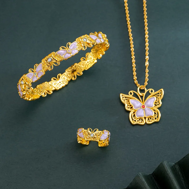 Lynge Jewelry 9999 24K  gold fire-fighting butterfly girl three-piece set hollow inlaid pink shell necklace ring light luxury te