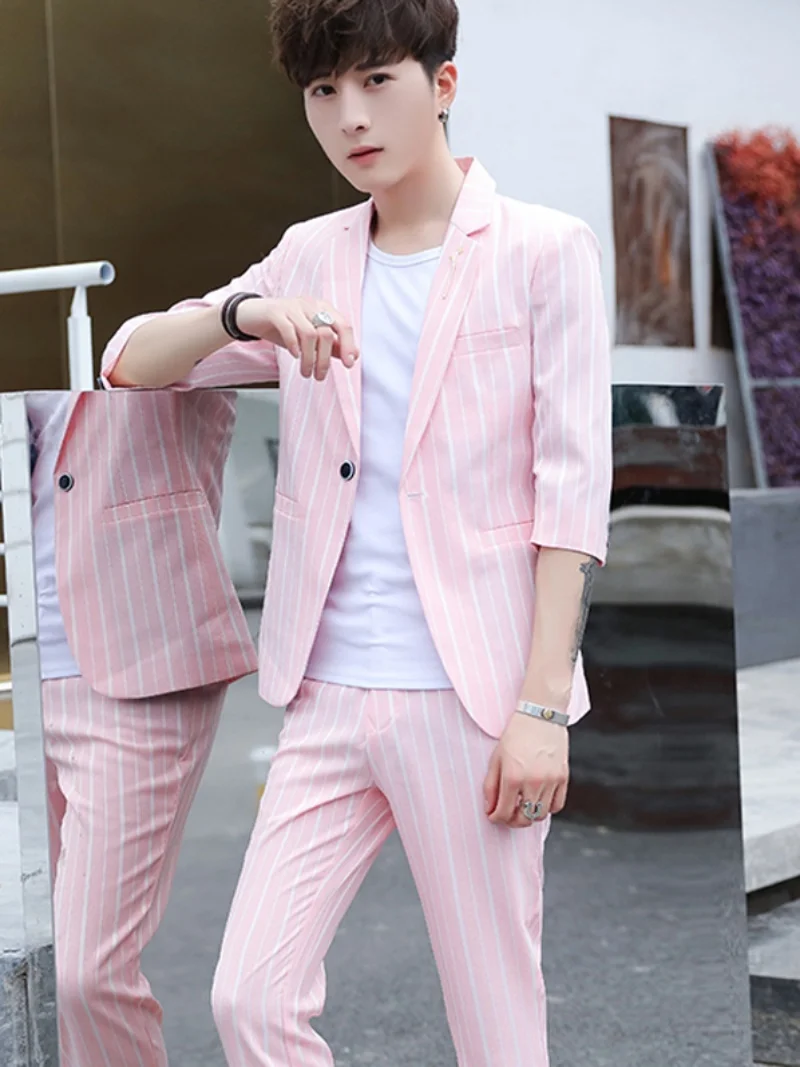 

Мужской летний тонкий повседневный костюм-тройка в корейском стиле для молодежи: модный, приталенный, с полурукавом, в западном стиле