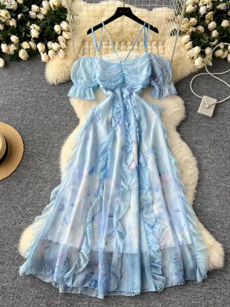 

Women Elegant Sexy Beach Party Dress Summer Suspender Straps Bubble Sleeve Ruffle Edge Dress Ladies High Waist Slim A-line Dress