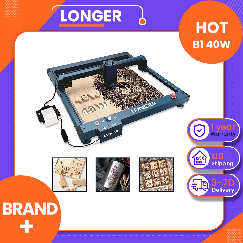 LONGER Laser B1 40W Laser Engraver with 48W Optical Power, 36000mm/min Speed, 0.10x0.15mm Laser spot size, 450×440mm Large Area, Air Assist, Multi-Color Engraving, 8 Safety Protections, LightBurn Compatible CNC Laser Cutter
