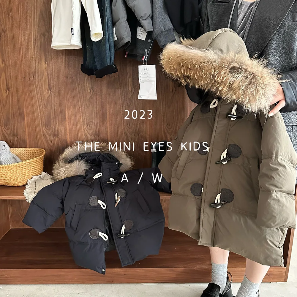 

Children's Down Jacket 2023 Winter New Baby Boys Girls Mid-length Hooded Down Coat 2-8 Years Old Kids Warm Fur Collar Clothes