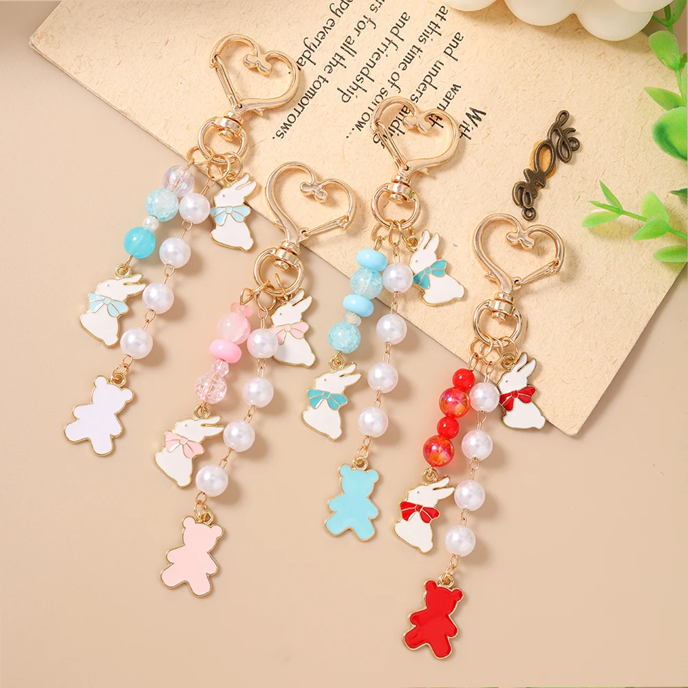 

Aihua Cute Pearl Rabbit Bear Keychain Women Girls Beaded Bear Key Ring Pendants for Handbag Decor DIY Handmade Jewelry Gift