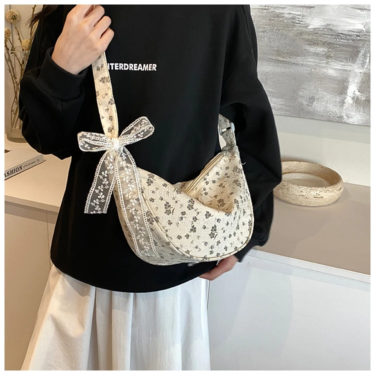 Summer Floral Canvas Girl Japanese Shoulder Bags Large Capacity Dumpling Crossbody Bag Women's Handbag