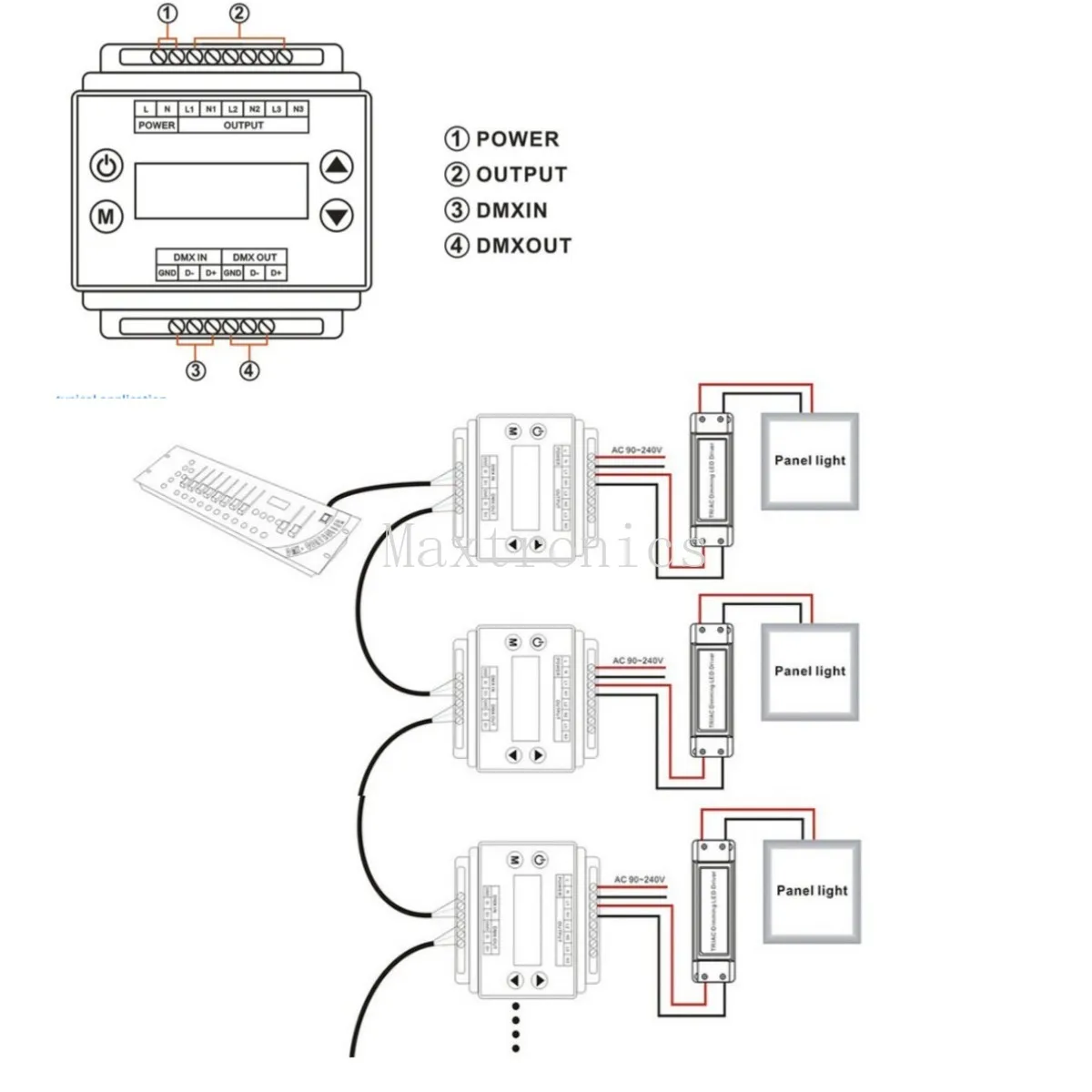 Imagem -05 - Tensão Dmx Triac Led Dimmer Canais Controlador de Brilho ch ac 90v240v 50hz 60hz Saída para Painel de Luz Led Dmx302 Alta