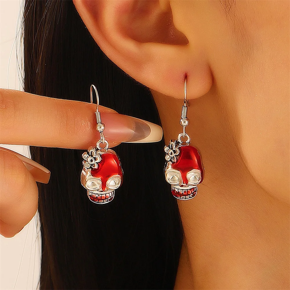 

Halloween Goth Red Dripping Oil Skull Pendant Women's Earrings Fashion Luxury Metal Flower Skeleton Ear Hook Jewelry Accessories