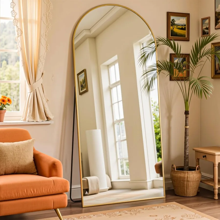 Cermin Panjang 72x32 Cermin Tubuh Utuh Berbentuk Lengkung dengan Bingkai Emas Elegan Cermin Lantai Ukuran Besar untuk Kamar Tidur Ruang Ganti Ruang Pakaian