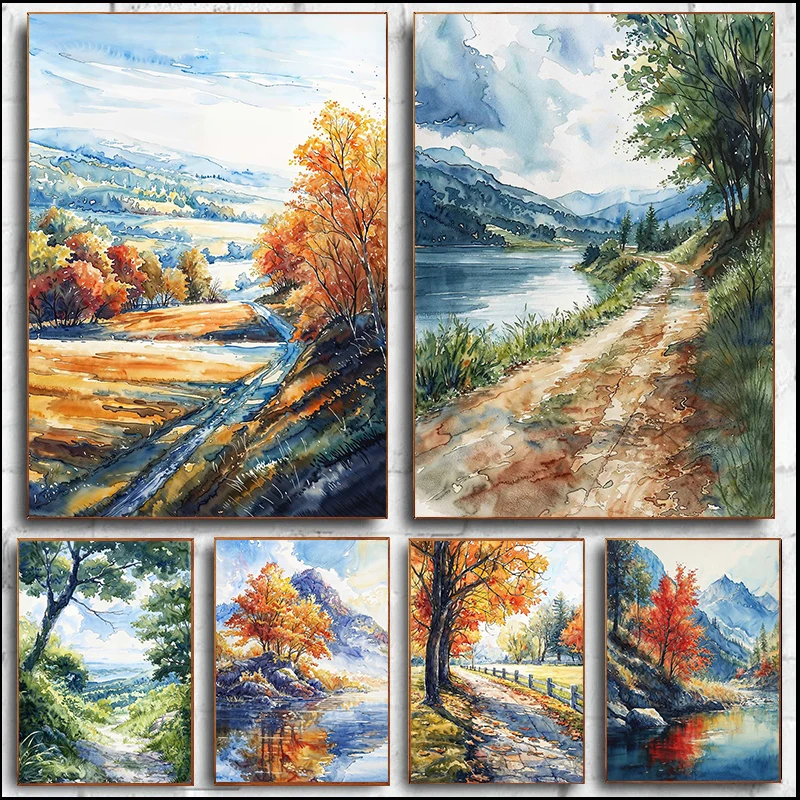 Changing Seasons Tree Snow lake Poster Field Forest Landscape Print Canvas Painting oil painting Picture Home Room Vintage 