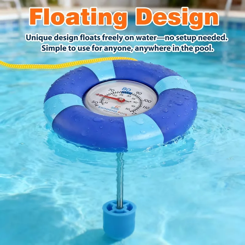 Stainless Steel Floating Swimming Pool Thermometer - Life Ring Pool Temperature Gauge with Rope & Suction Cup